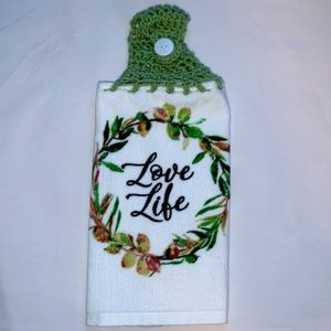 Hand Crafted Crochet Top Hanging Kitchen or Bathroom Hand Towel Love Life Theme